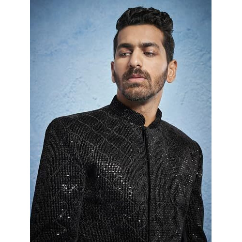 VASTRAMAY Men's Black & Cream - Jodhpuri,Pyjama Set - Velvet Sequined Embroidered Jodhpuri And Pyjama Set