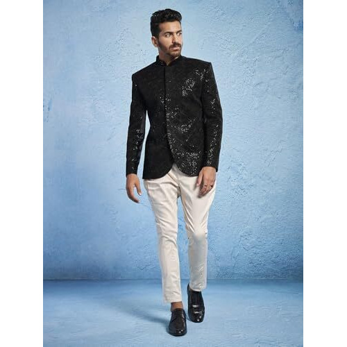 VASTRAMAY Men's Black & Cream - Jodhpuri,Pyjama Set - Velvet Sequined Embroidered Jodhpuri And Pyjama Set