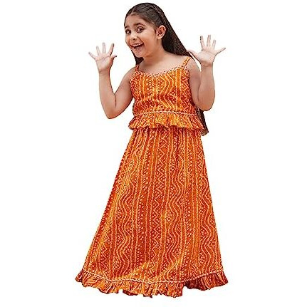 VASTRAMAY Girls' Orange Bandhani Lehenga Set_VASGLC006OR_26