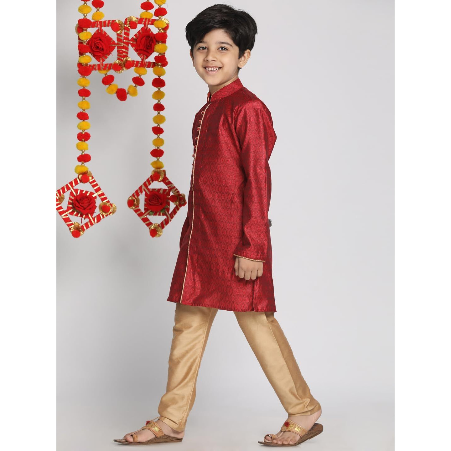 VASTRAMAY Boys' Maroon And Rose Gold Kurta Pyjama Set