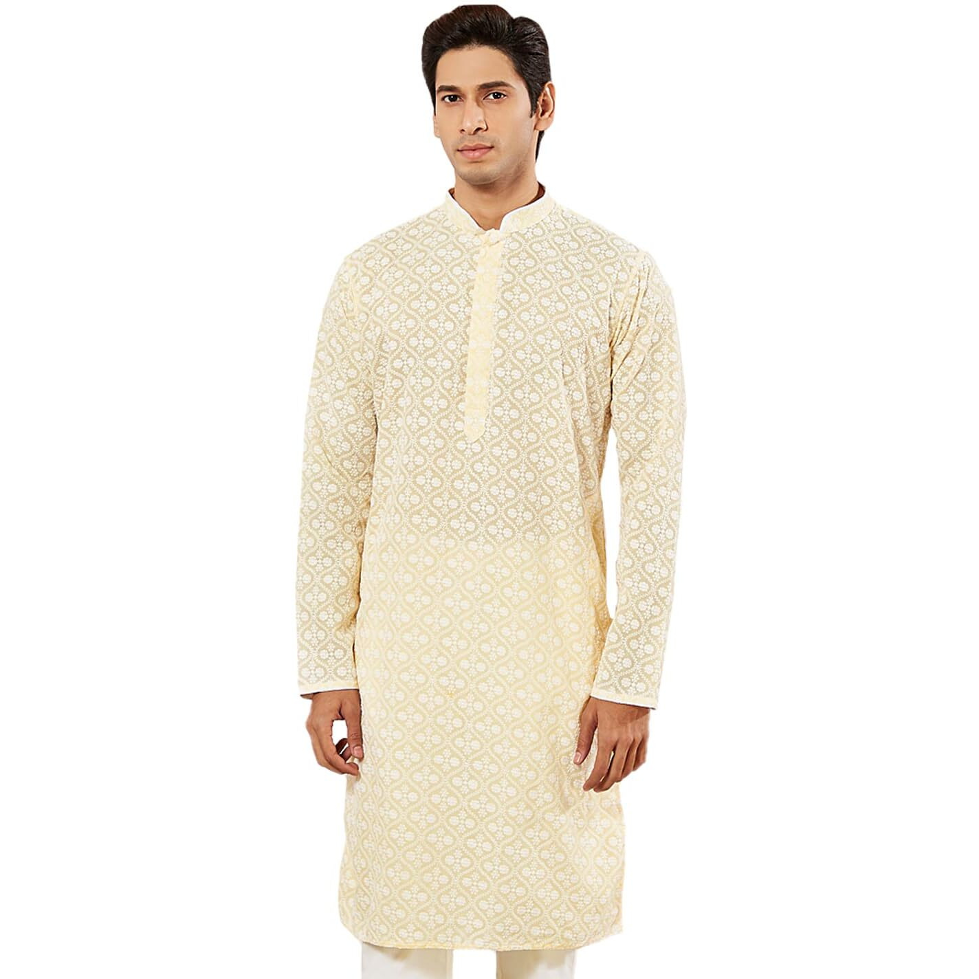 VASTRAMAY Men's Green Cotton Kurta I Allover Chikan Embroidery Knee Length Regular Straight Kurta I Fastive Party Wedding Traditions Kurta_VASMK381YW_40