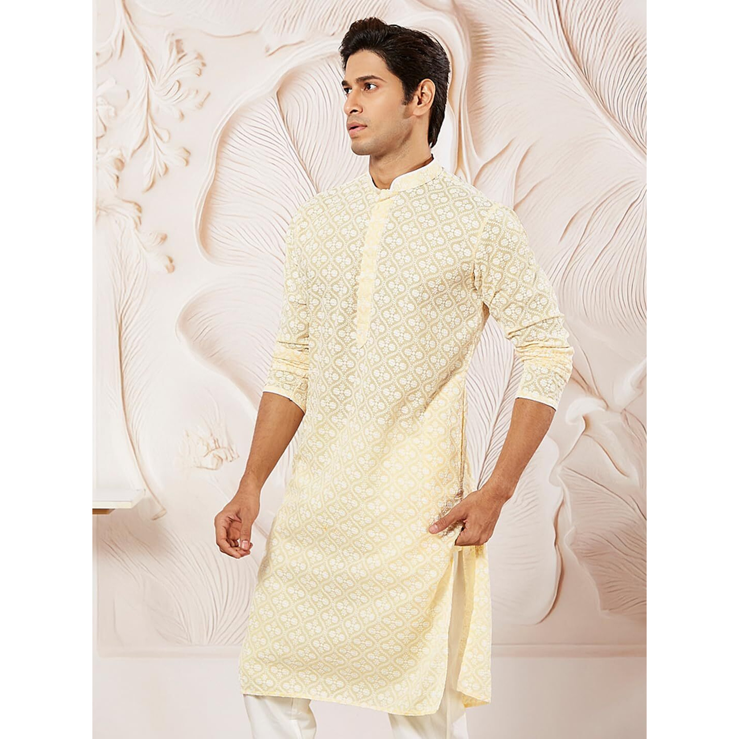VASTRAMAY Men's Green Cotton Kurta I Allover Chikan Embroidery Knee Length Regular Straight Kurta I Fastive Party Wedding Traditions Kurta_VASMK381YW_40