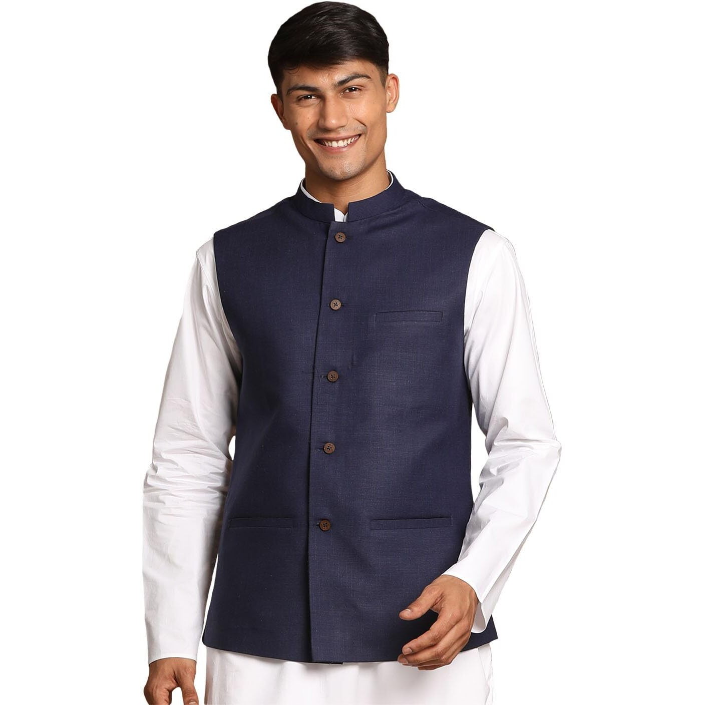 VASTRAMAY Men's Blue And White Cotton Nehru Jacket_VASMJ061NB_36