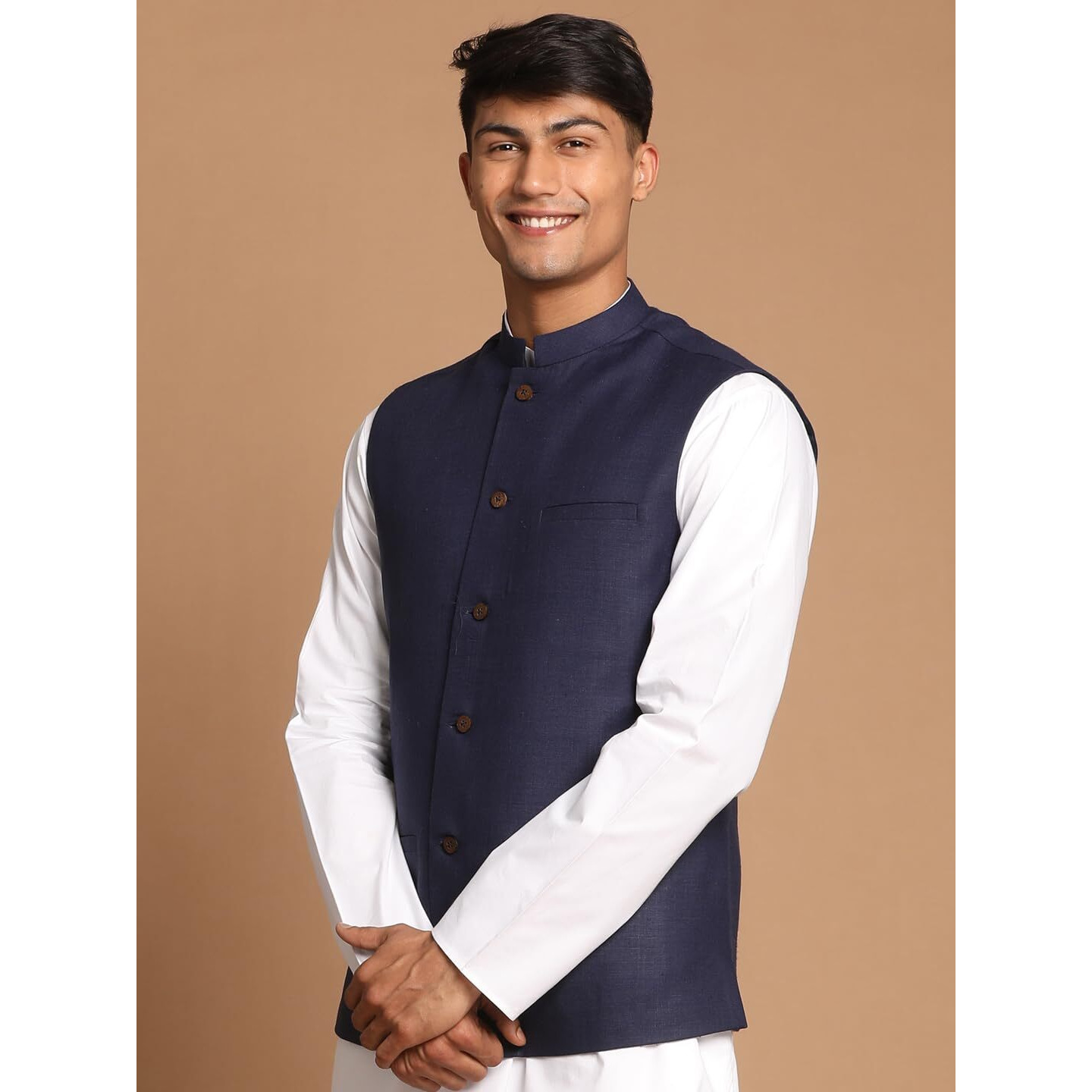 VASTRAMAY Men's Blue And White Cotton Nehru Jacket_VASMJ061NB_36