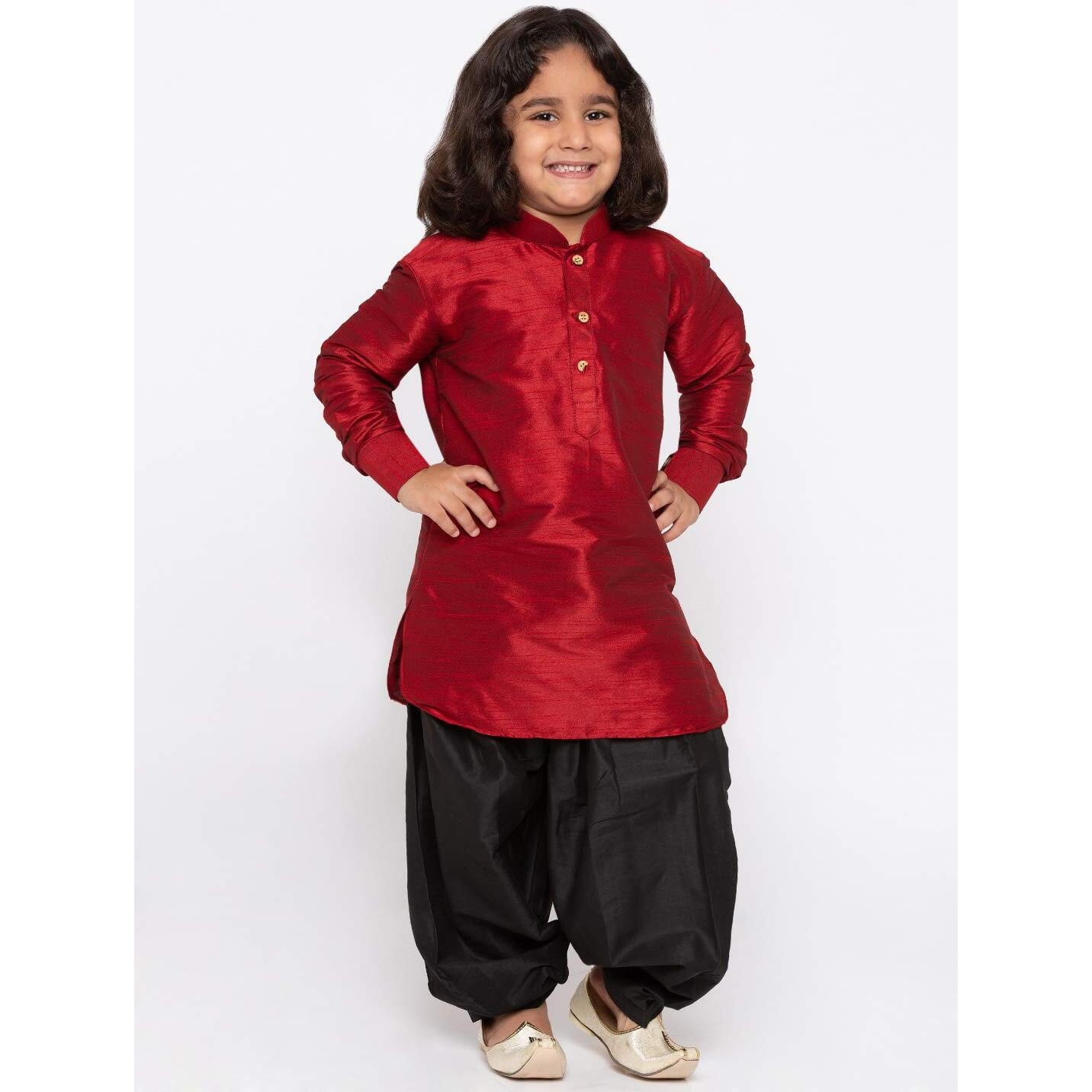 VASTRAMAY Maroon Cotton Silk Boys Dhoti Kurta Set Dress(13-14 Years)