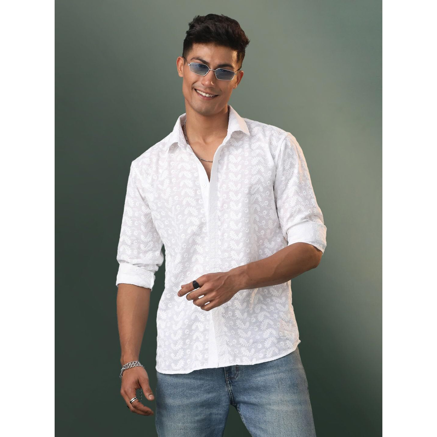 VASTRAMAY Men's Cotton Ethnic Shirt I Slim Fit Solid Chikankari Regular Shirt I Everyday Casual Summer Ease Long Sleeves Shirts_VSHVMSH094WH_42 White