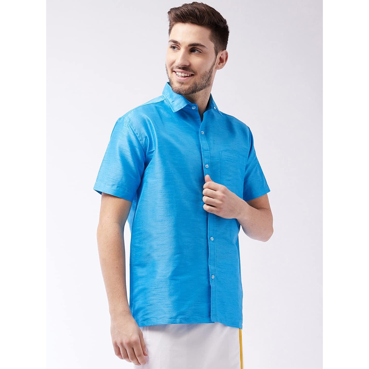 VASTRAMAY Men's Aqua Blue Silk Blend Ethnic Shirt_VASMSH001AQ_36