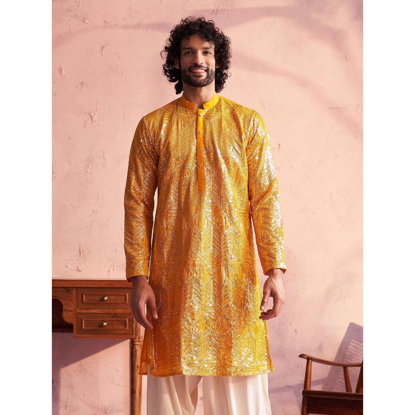VASTRAMAY Shrestha Men's Yellow Georgette Kurta