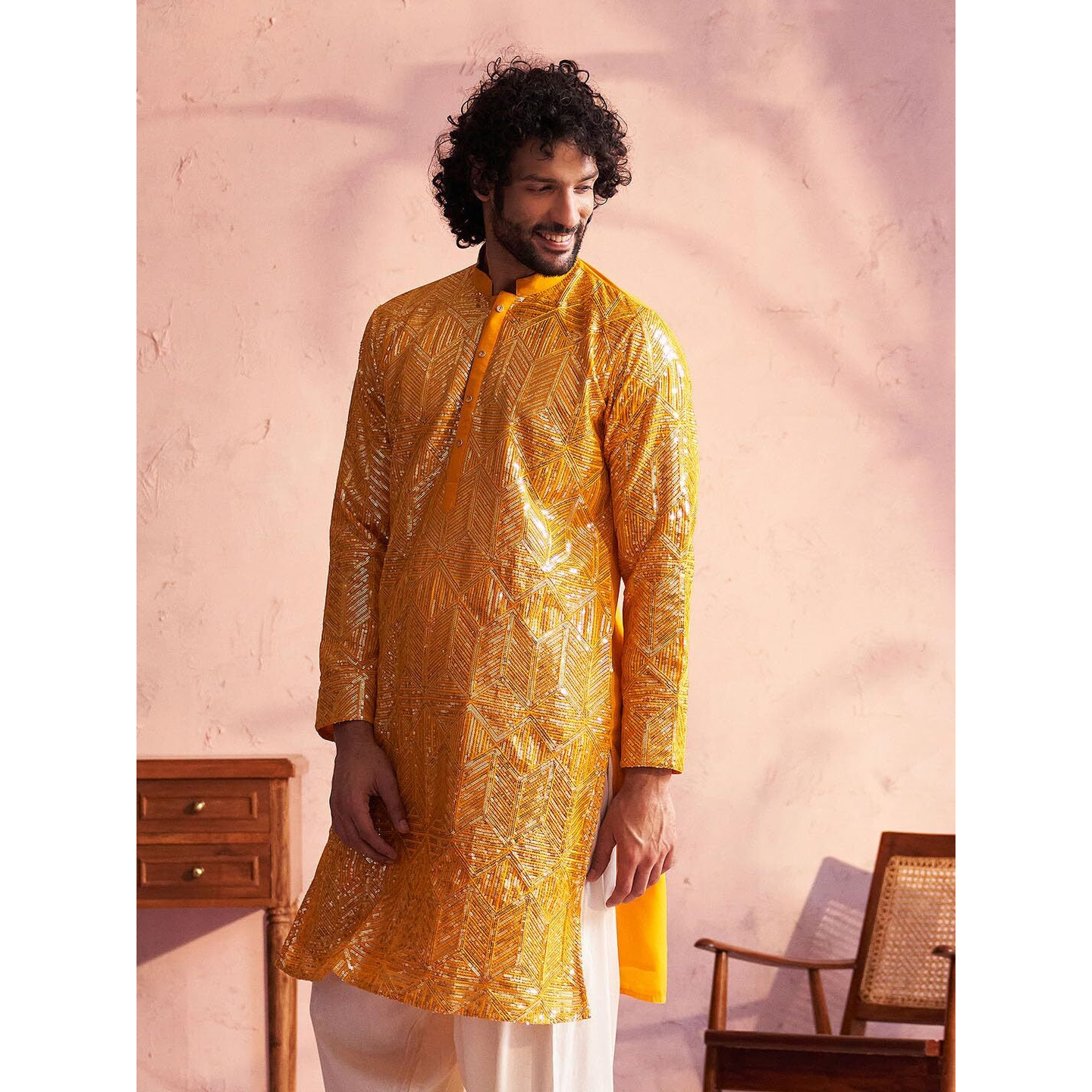 VASTRAMAY Shrestha Men's Yellow Georgette Kurta