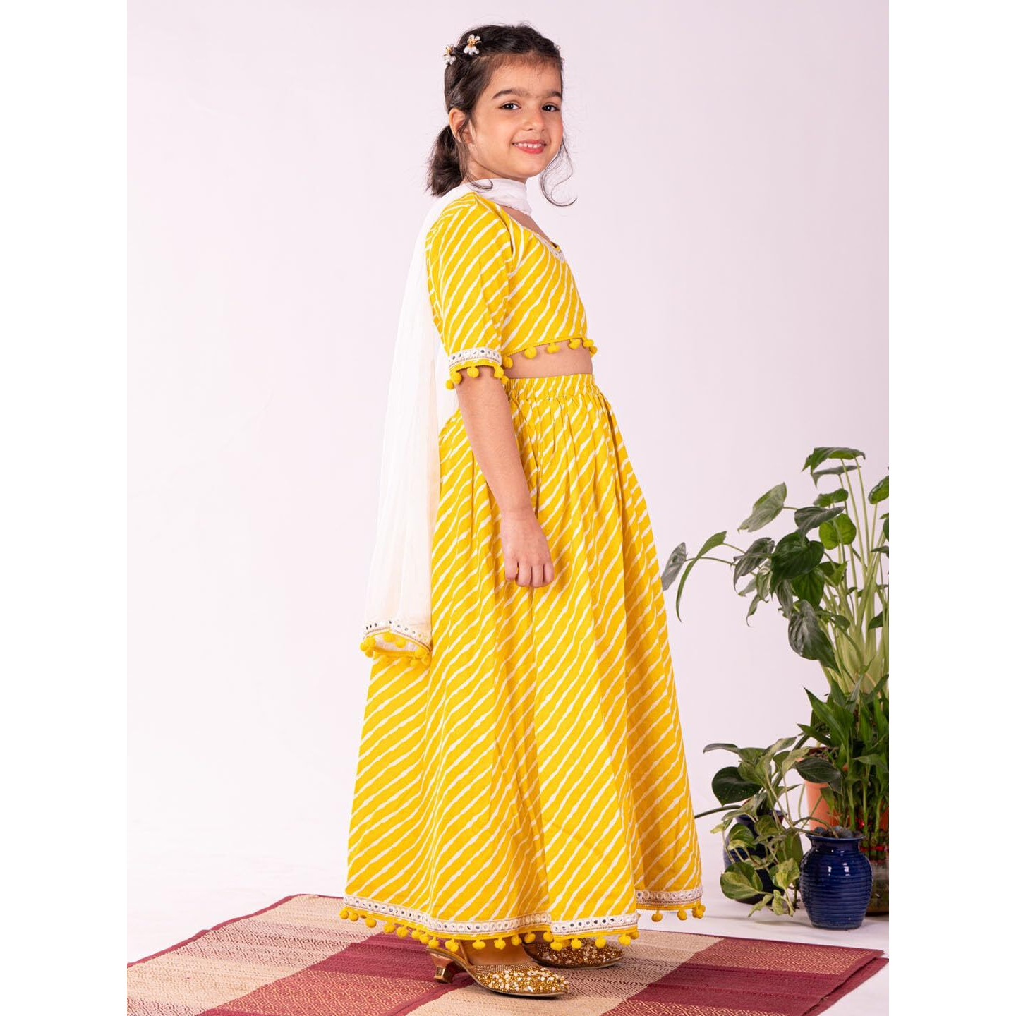 VASTRAMAY Girls' Cotton Yellow Lehenga Set | Cotton Leheriya Printed Lehenga Set With Dupatta.