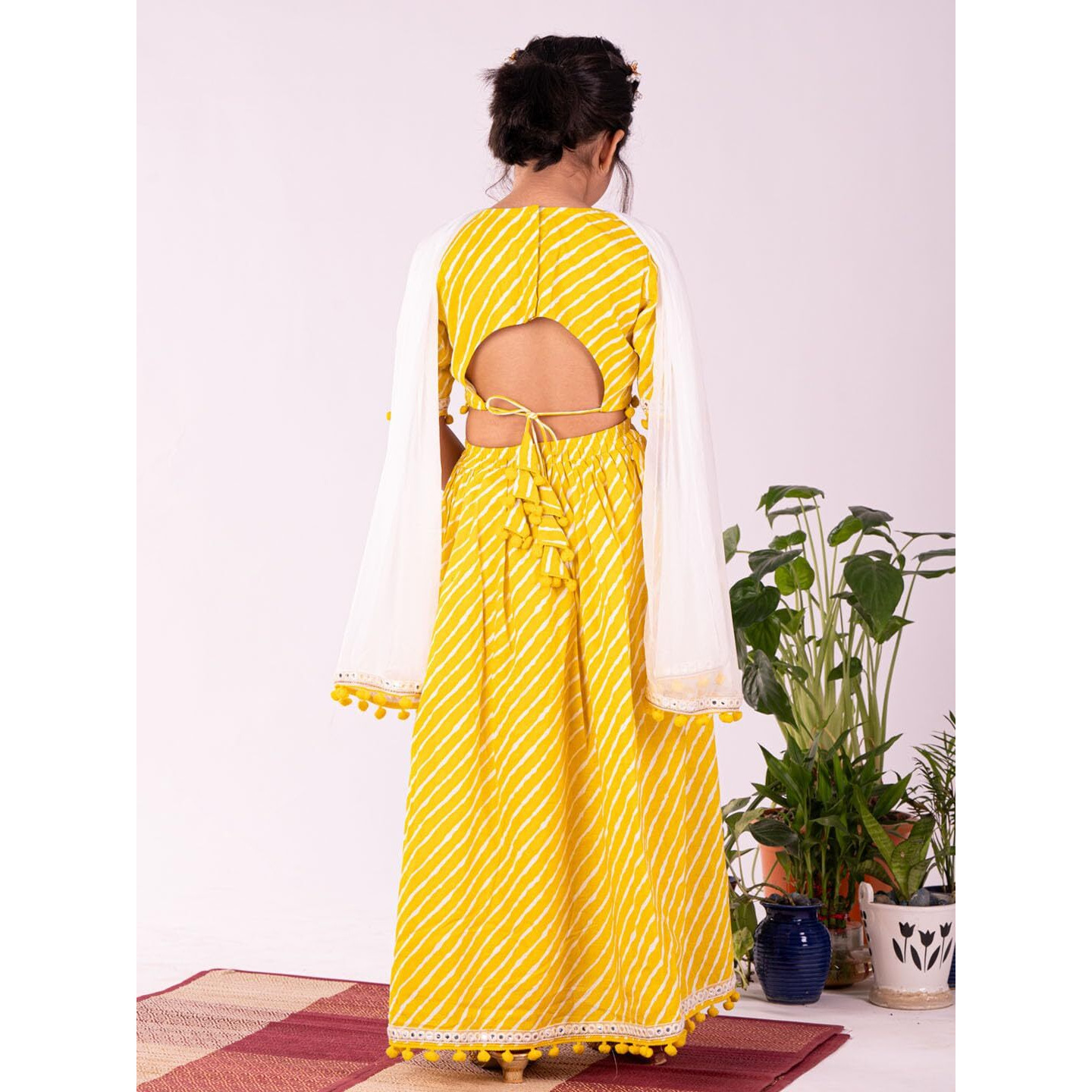 VASTRAMAY Girls' Cotton Yellow Lehenga Set | Cotton Leheriya Printed Lehenga Set With Dupatta.