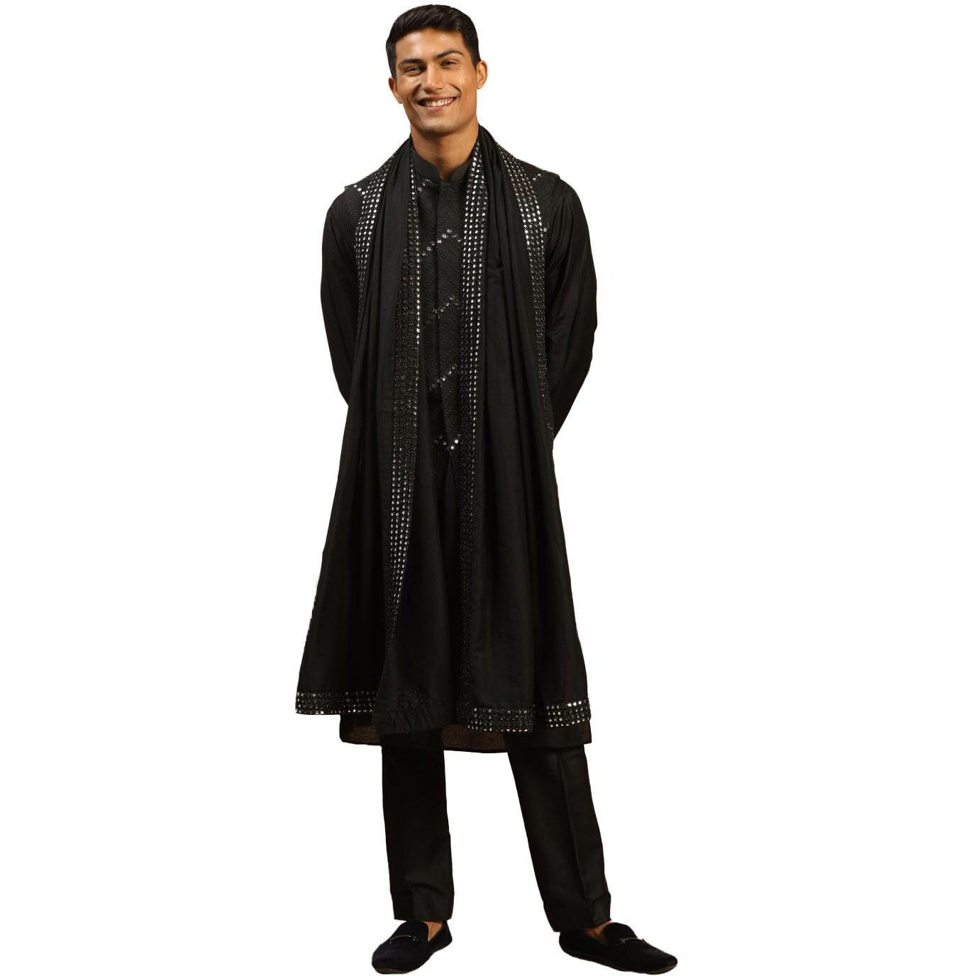 VASTRAMAY Men's Black Viscose Jacket, Kurta and Pyjama Set | Mirror Work Chevron Pattern Chic Jacket Kurta Pyjama And Dupatta set For Men