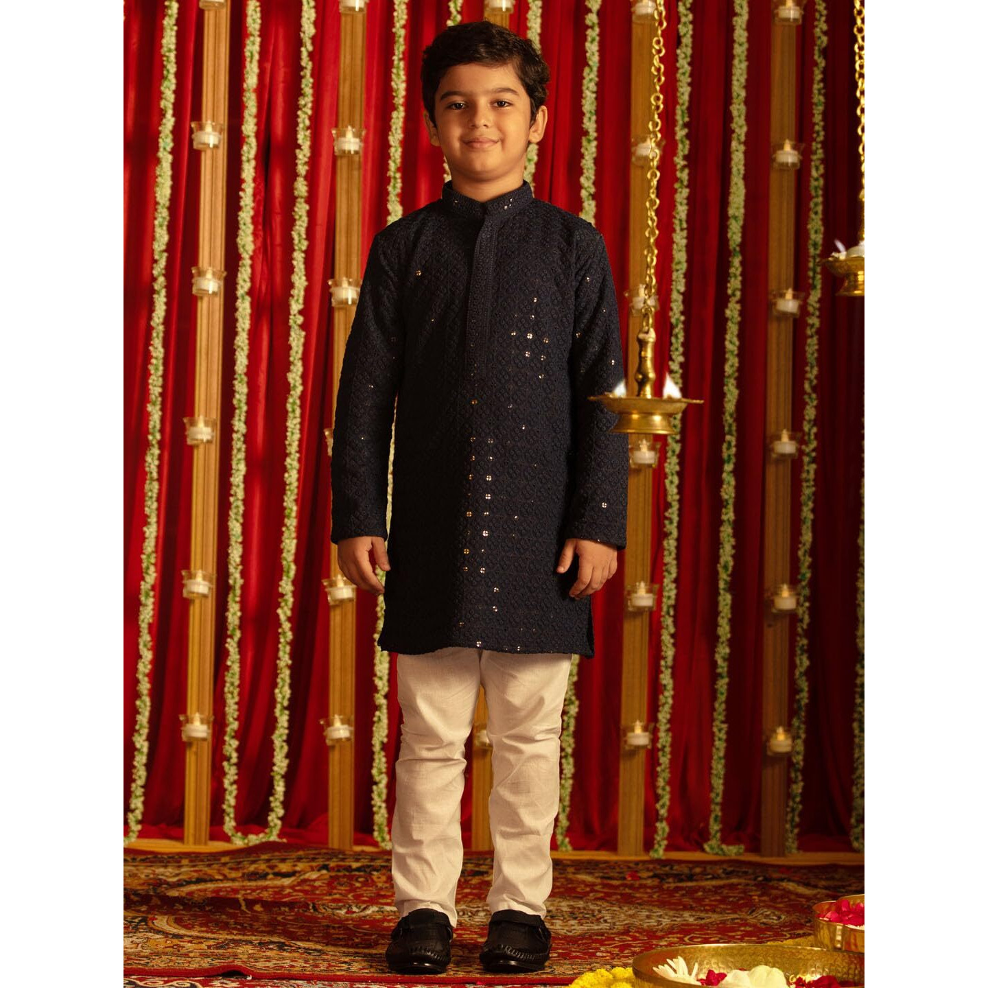 VASTRAMAY Boys' Navy Blue And White Kurta Pyjama Set_VASBK255NBnPWH_22