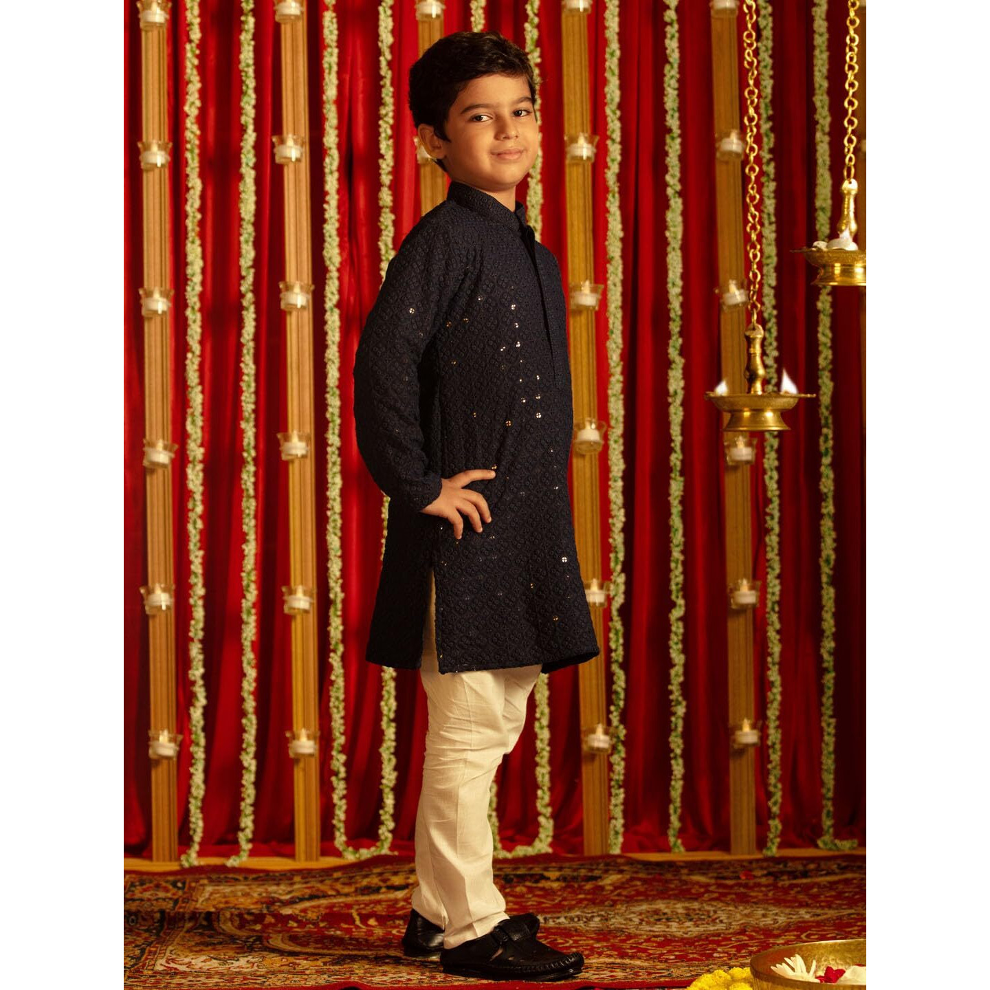 VASTRAMAY Boys' Navy Blue And White Kurta Pyjama Set_VASBK255NBnPWH_22