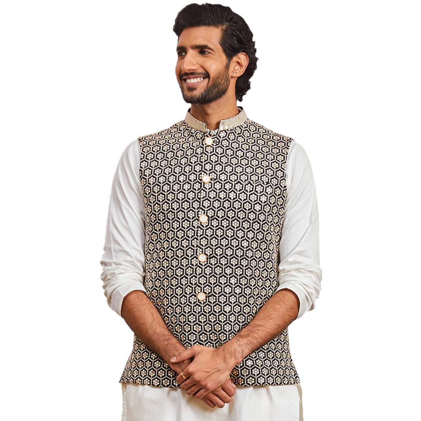 VASTRAMAY Men's Black - Nehru Jacket - This men's embroidered Nehru jacket,perfect blend of elegance and tradition.