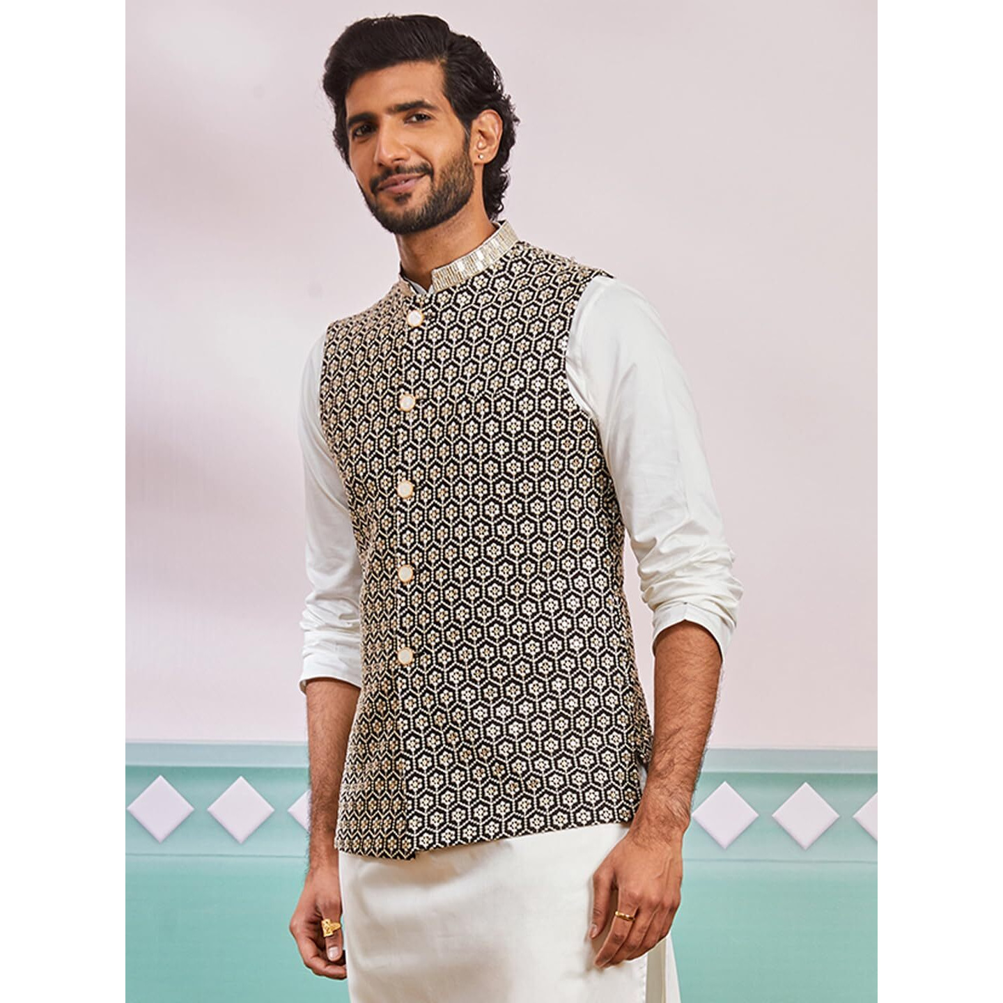 VASTRAMAY Men's Black - Nehru Jacket - This men's embroidered Nehru jacket,perfect blend of elegance and tradition.