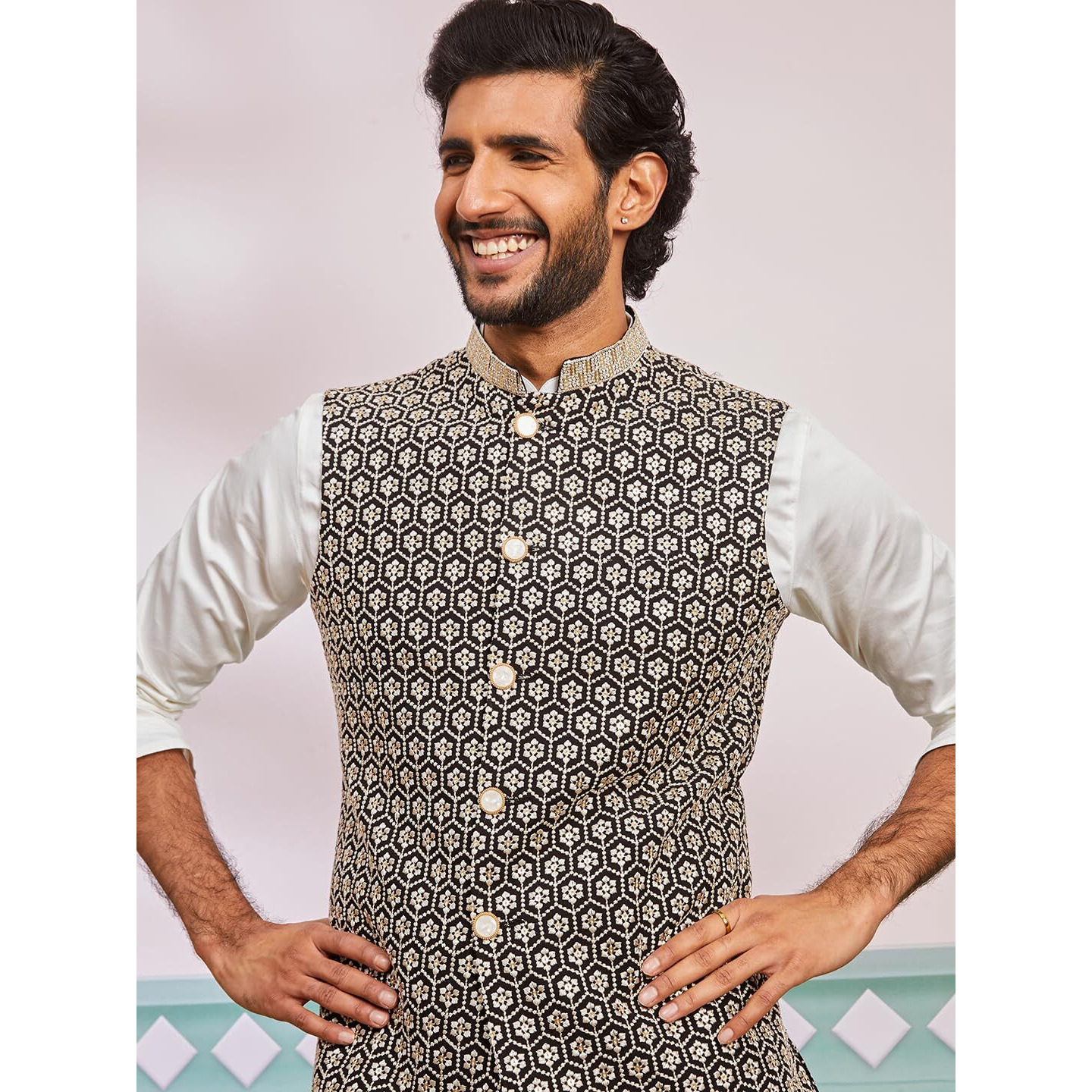 VASTRAMAY Men's Black - Nehru Jacket - This men's embroidered Nehru jacket,perfect blend of elegance and tradition.