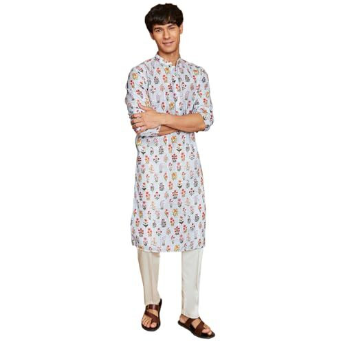 VASTRAMAY Men's Aqua Silk Blend Kurta And Pyjama Set - This men's printed kurta showcases a floral print with Sequined,with a pant set, creating a bold and stylish look.
