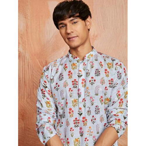 VASTRAMAY Men's Aqua Silk Blend Kurta And Pyjama Set - This men's printed kurta showcases a floral print with Sequined,with a pant set, creating a bold and stylish look.