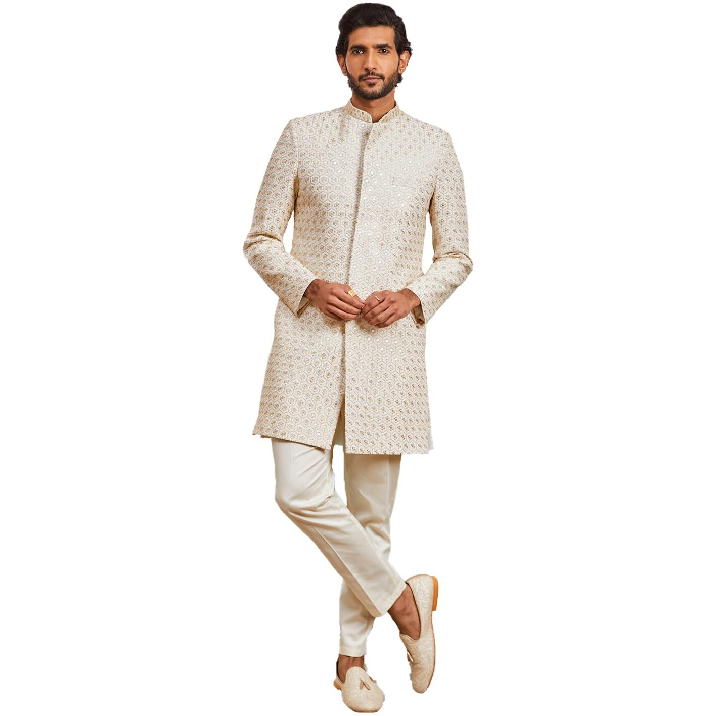 VASTRAMAY Men's Off White Rayon Indo Western And Pyjama Set - This men's embroidered Indo-Western, pant set is a perfect fusion of tradition and modern elegance.