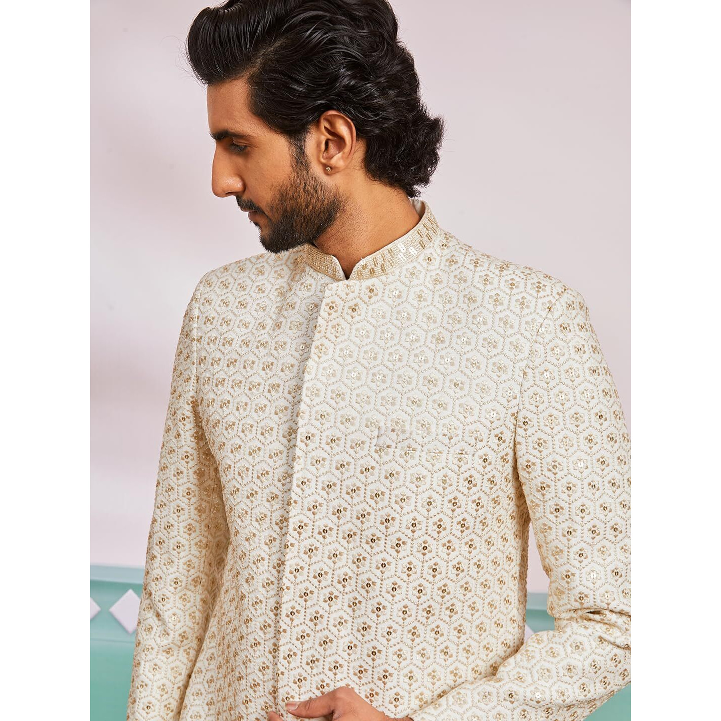 VASTRAMAY Men's Off White Rayon Indo Western And Pyjama Set - This men's embroidered Indo-Western, pant set is a perfect fusion of tradition and modern elegance.