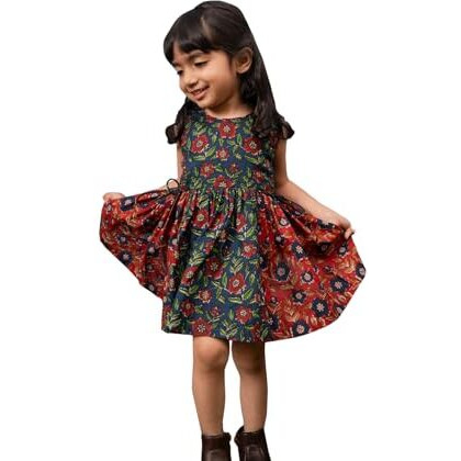 VASTRAMAY Girls' Cotton Sleeveless Flared Dress with Round Neck & Back Button Closure Navy Blue