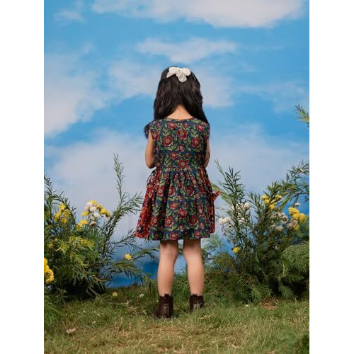 VASTRAMAY Girls' Cotton Sleeveless Flared Dress with Round Neck & Back Button Closure Navy Blue