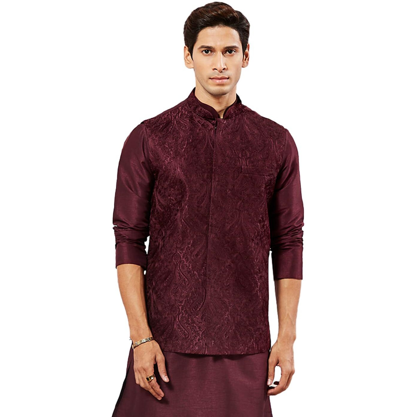 VASTRAMAY Men's Maroon Nehru Jacket - Allover Embroidered Regular Nehru Jacket for Men - Mandarin Collar, Sleeveless, Button Closure & Welt Pocket