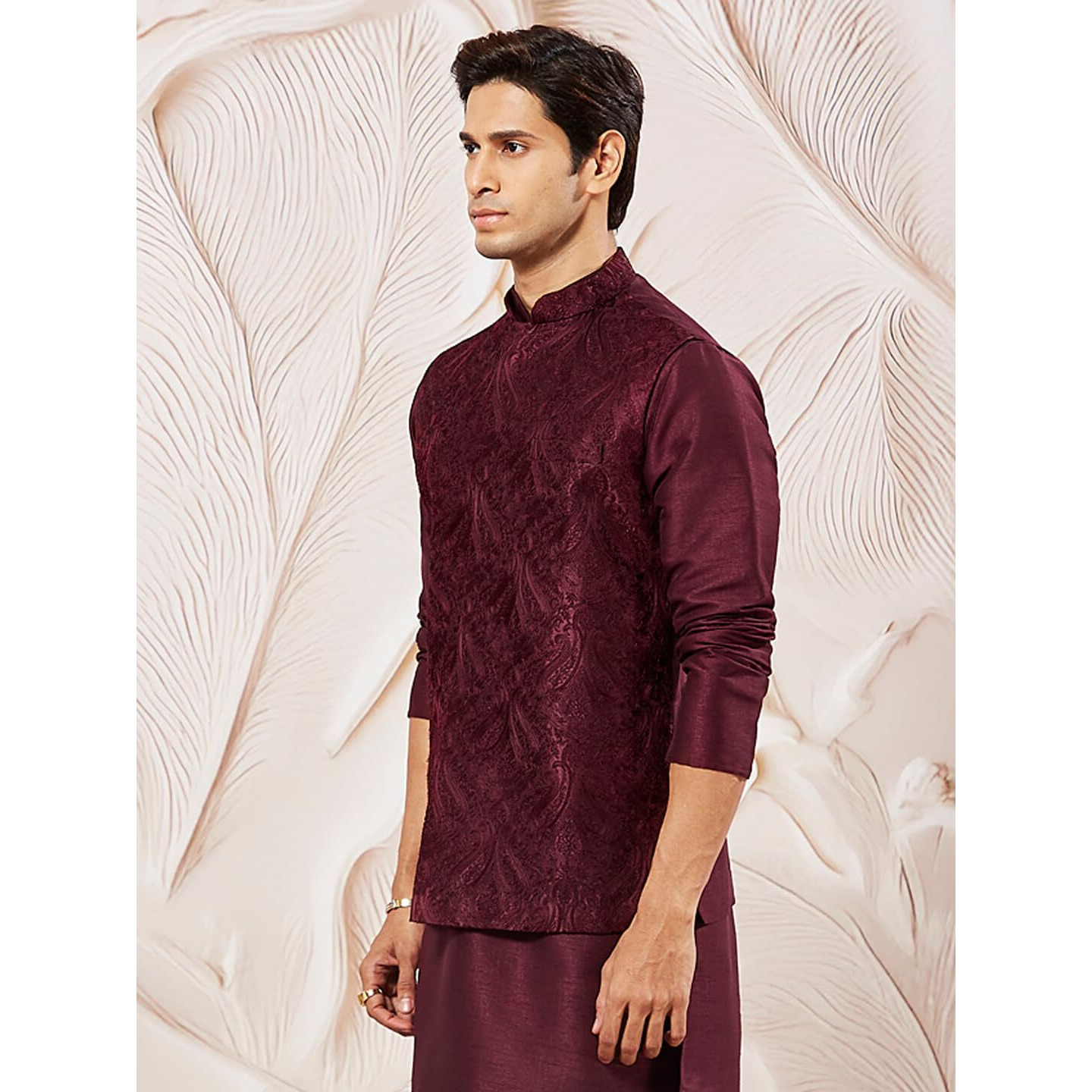 VASTRAMAY Men's Maroon Nehru Jacket - Allover Embroidered Regular Nehru Jacket for Men - Mandarin Collar, Sleeveless, Button Closure & Welt Pocket