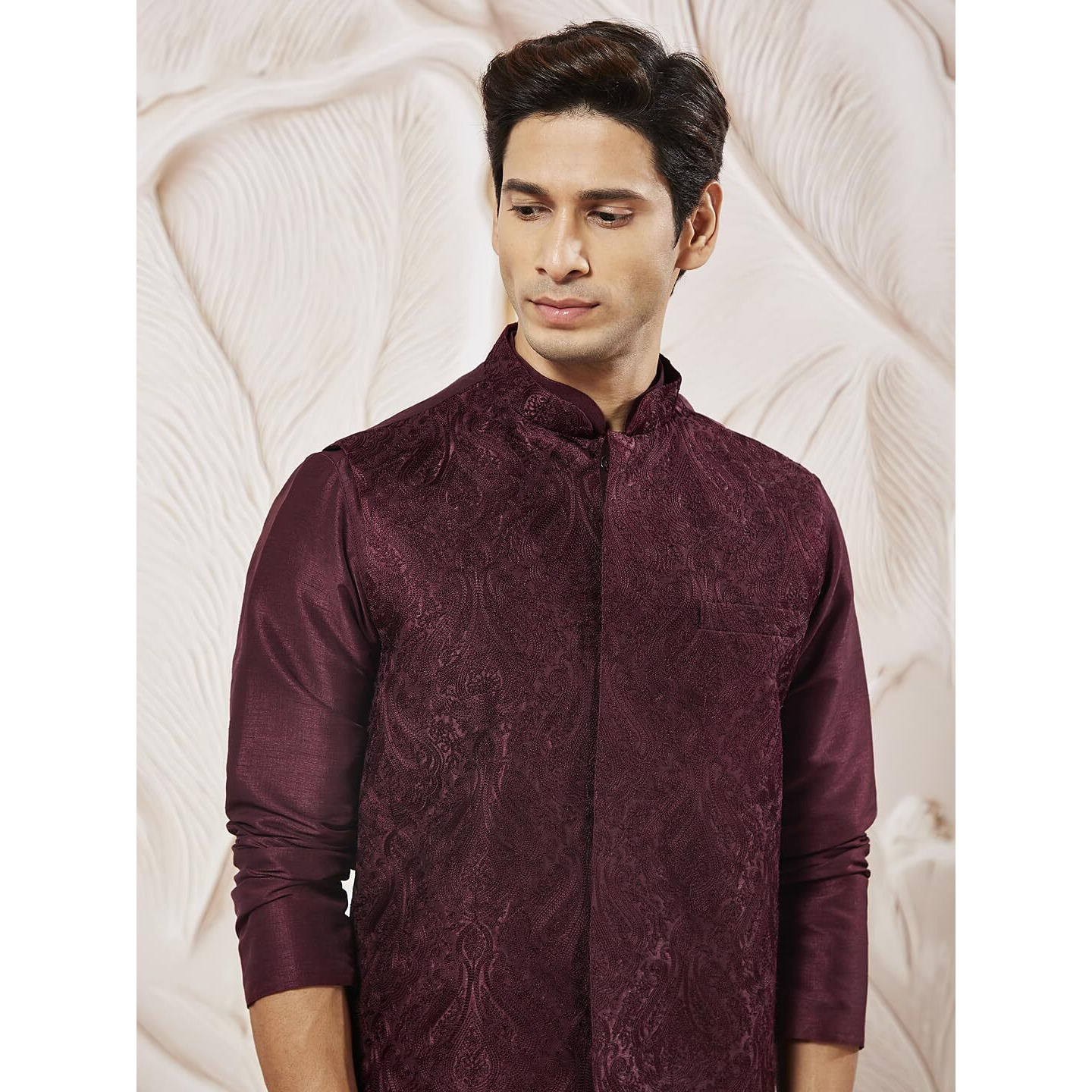 VASTRAMAY Men's Maroon Nehru Jacket - Allover Embroidered Regular Nehru Jacket for Men - Mandarin Collar, Sleeveless, Button Closure & Welt Pocket