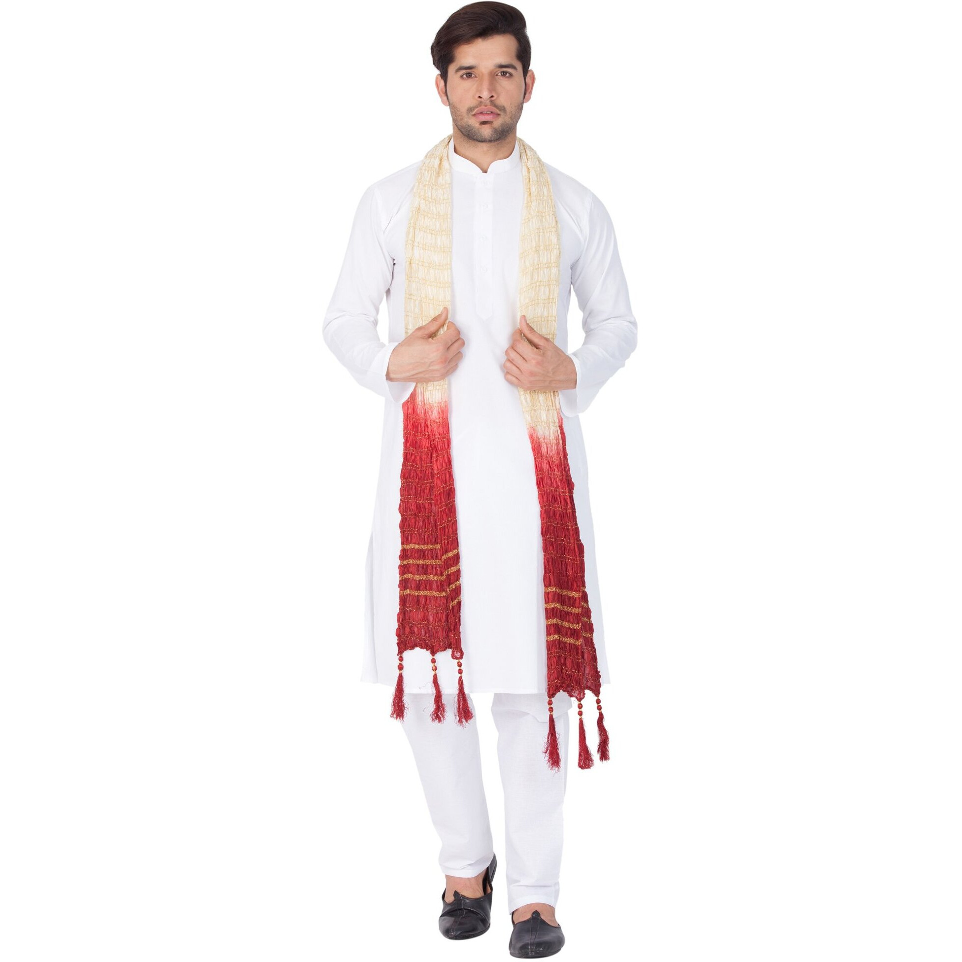VASTRAMAY Men Cotton Kurta Pyjama and Dupatta Set (White_VASMKWH000nPWHnD_44)