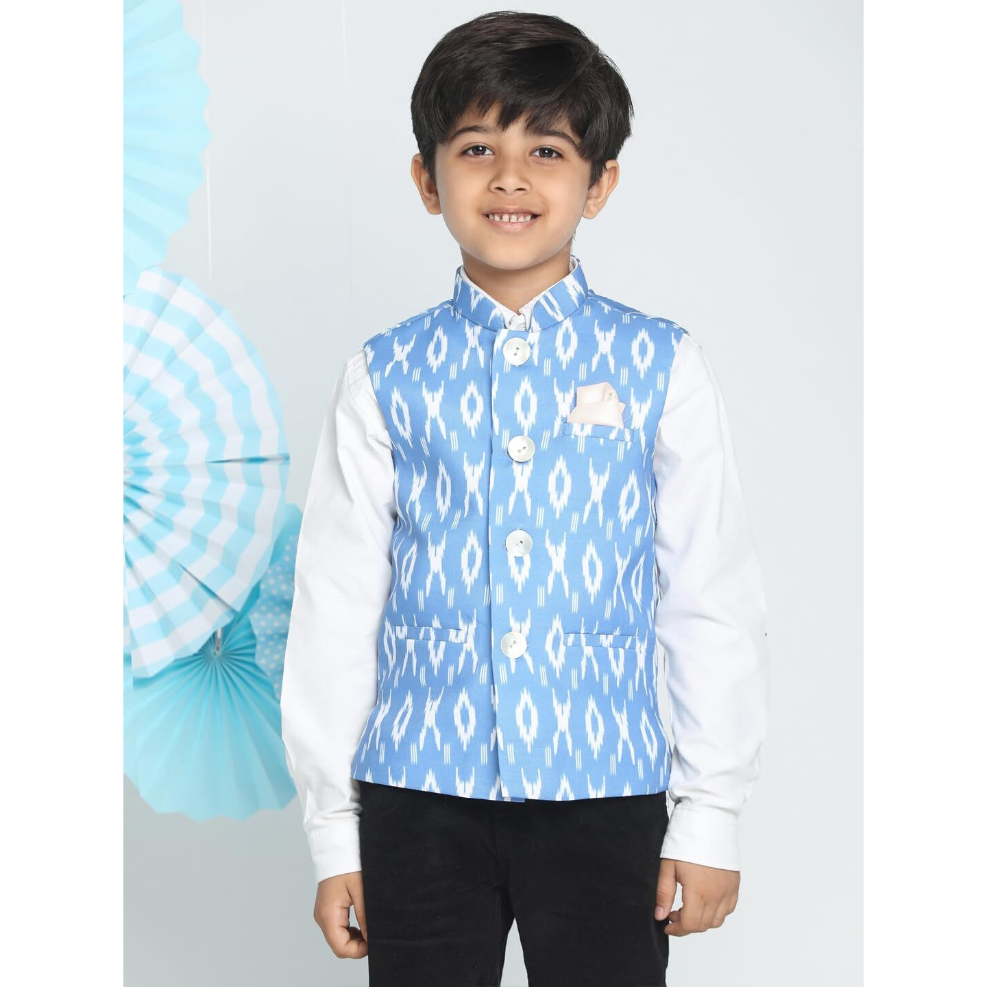 VASTRAMAY Boys' Aqua Blue Ikkat Nehru Jacket_VASBJ068AQ_30