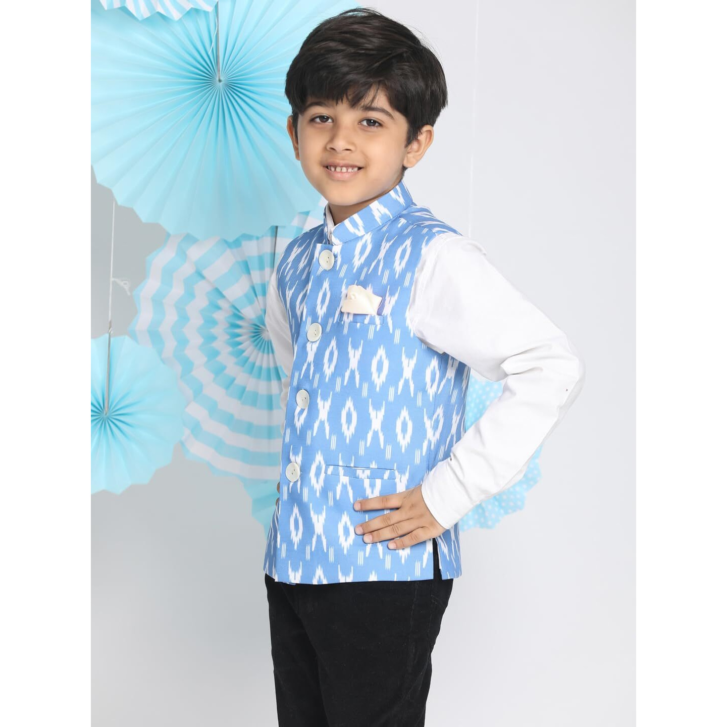 VASTRAMAY Boys' Aqua Blue Ikkat Nehru Jacket_VASBJ068AQ_30