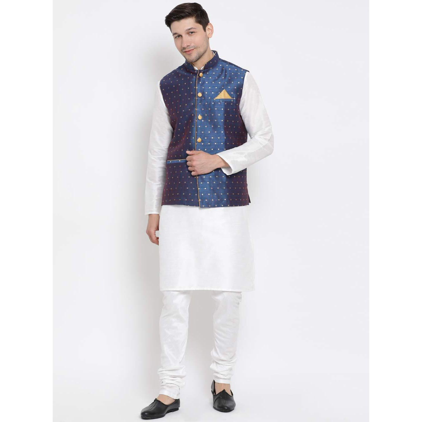 VASTRAMAY Men's White Cotton Silk Blend Kurta, Ethnic Jacket and Pyjama Set_VASMJ009BUnMKWH001nPDWH_42