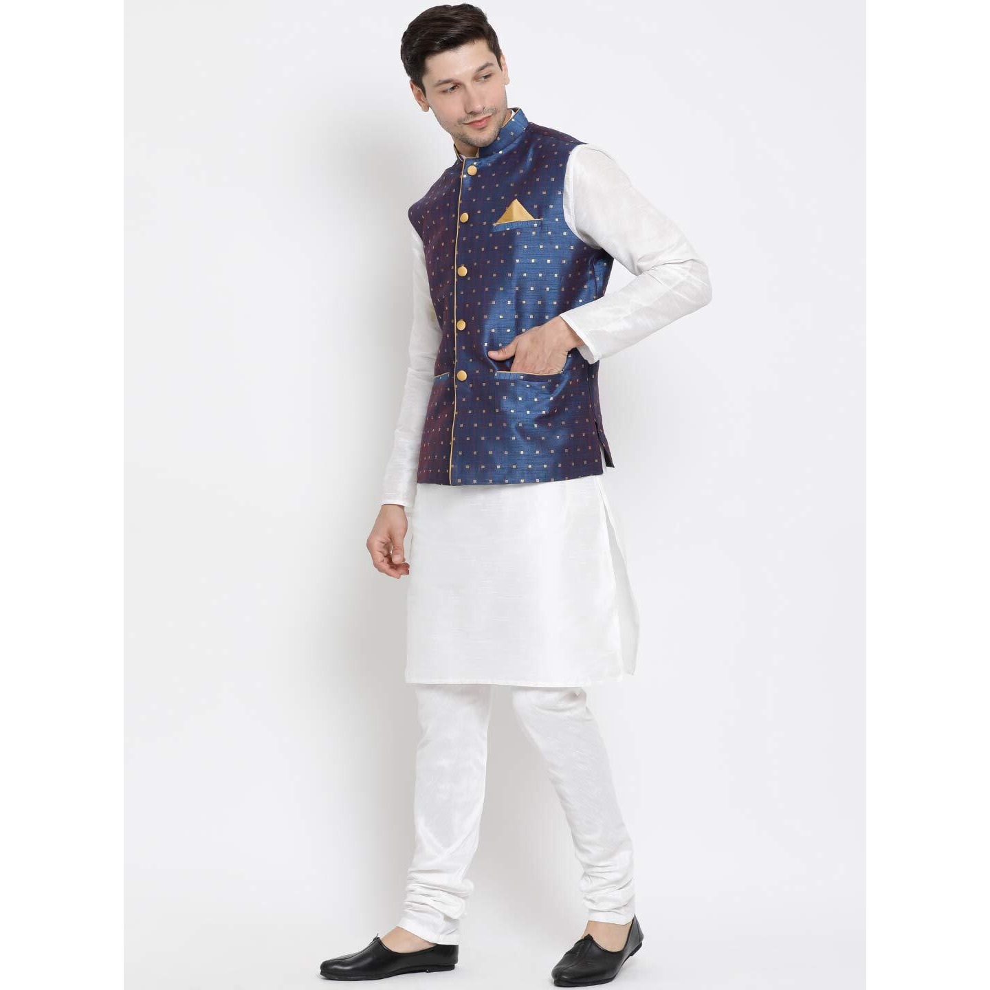 VASTRAMAY Men's White Cotton Silk Blend Kurta, Ethnic Jacket and Pyjama Set_VASMJ009BUnMKWH001nPDWH_42