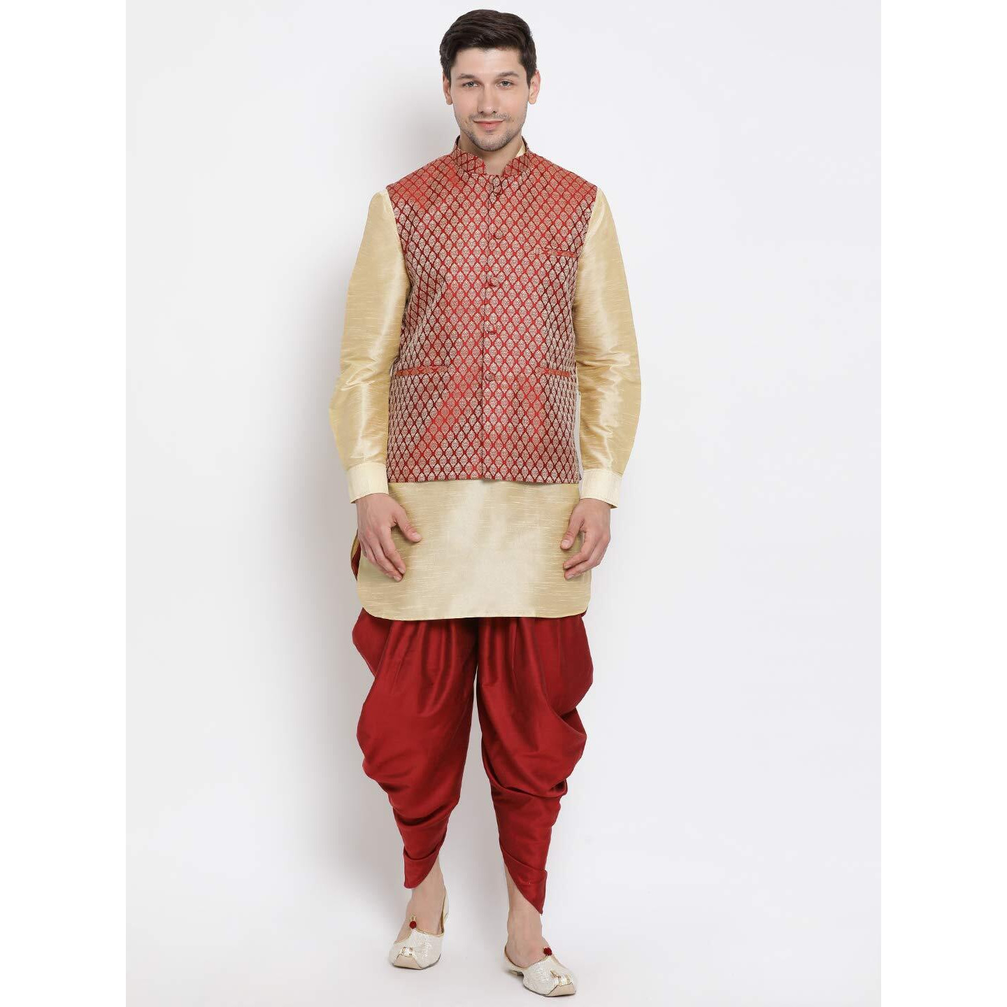 VASTRAMAY Men's Gold Cotton Silk Blend Ethnic Jacket, Kurta and Dhoti Pant Set_VASMJ005MAnMUK001GOnCDMA_38