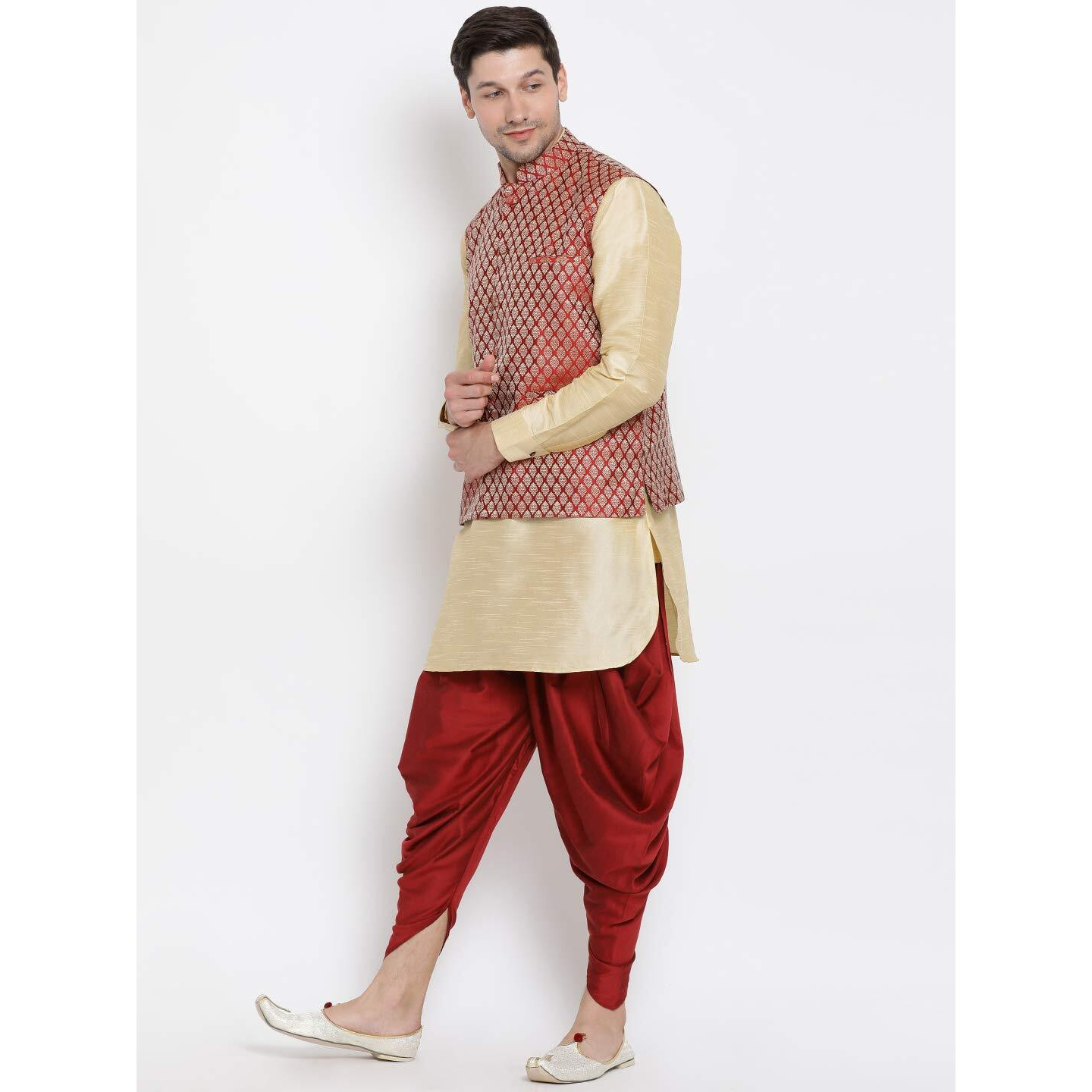VASTRAMAY Men's Gold Cotton Silk Blend Ethnic Jacket, Kurta and Dhoti Pant Set_VASMJ005MAnMUK001GOnCDMA_38