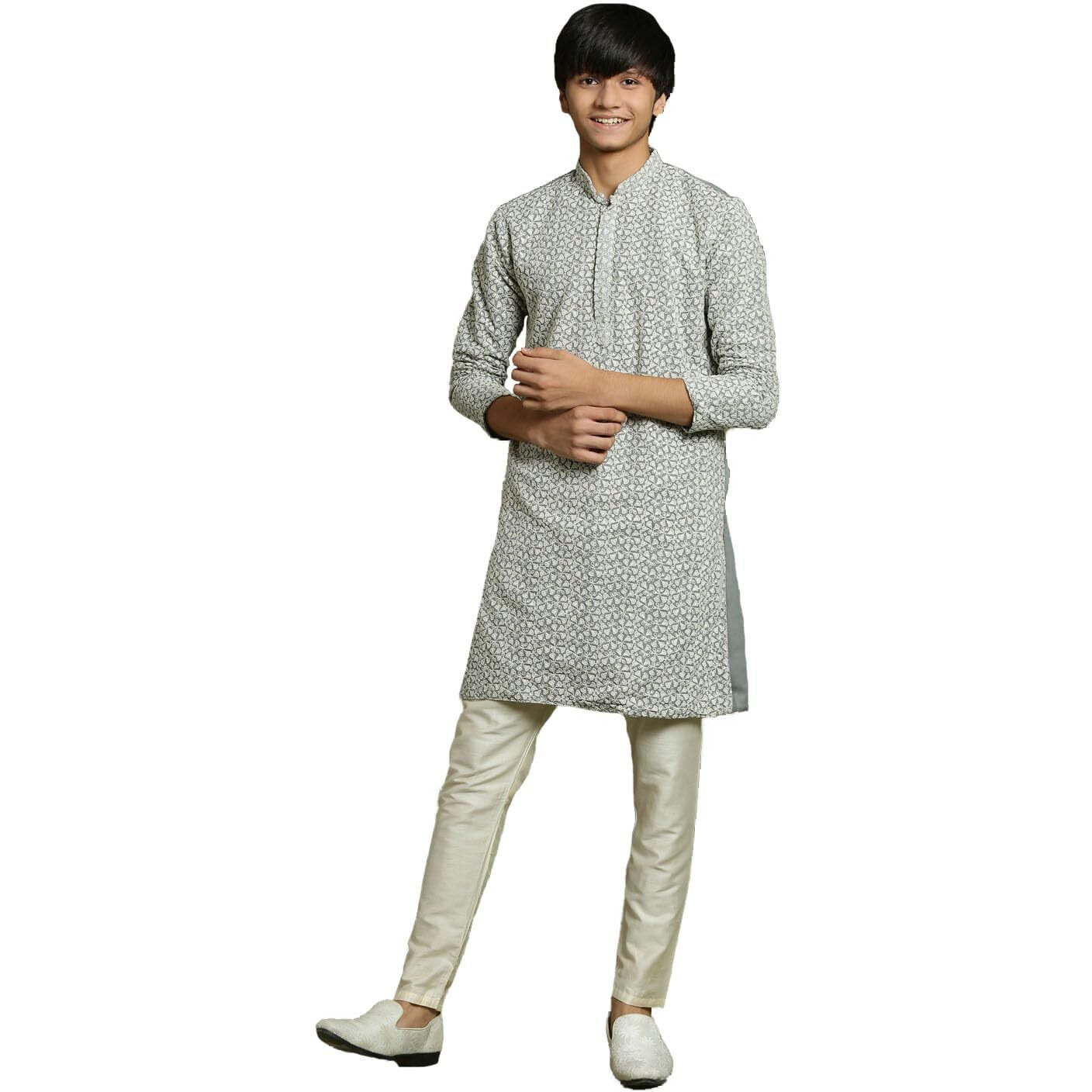 VASTRAMAY YUVA Boys' Grey And Cream Kurta Pyjama Set_VYUVBK206GYnBVPCR_36M