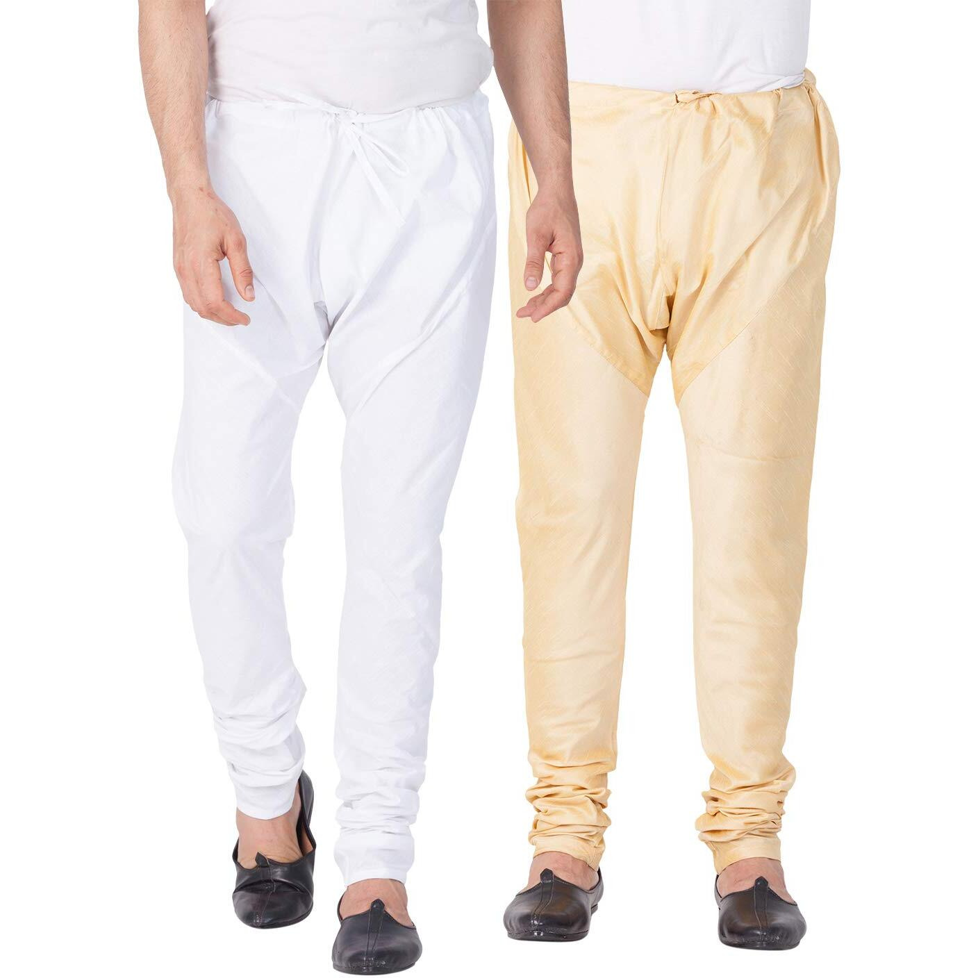 VASTRAMAY Men's White and Gold Cotton And Silk Pyjama Combo (VASMPCWHnMPGO_36)