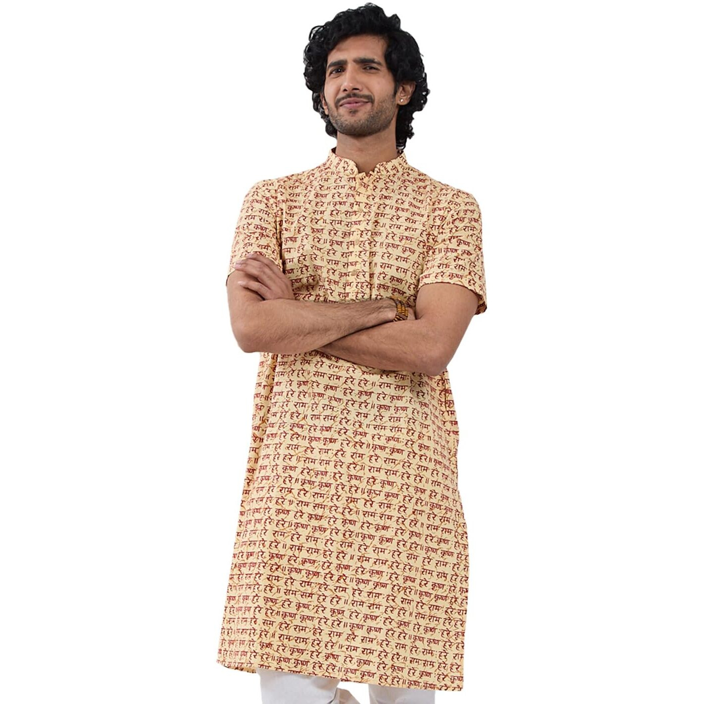 VASTRAMAY Mens Hare Krishna Hare Ram Short-Sleeve Kurta  Lightweight & Spiritual Ethnic Wear for Pujas, Festivals, and Shivratri Gold