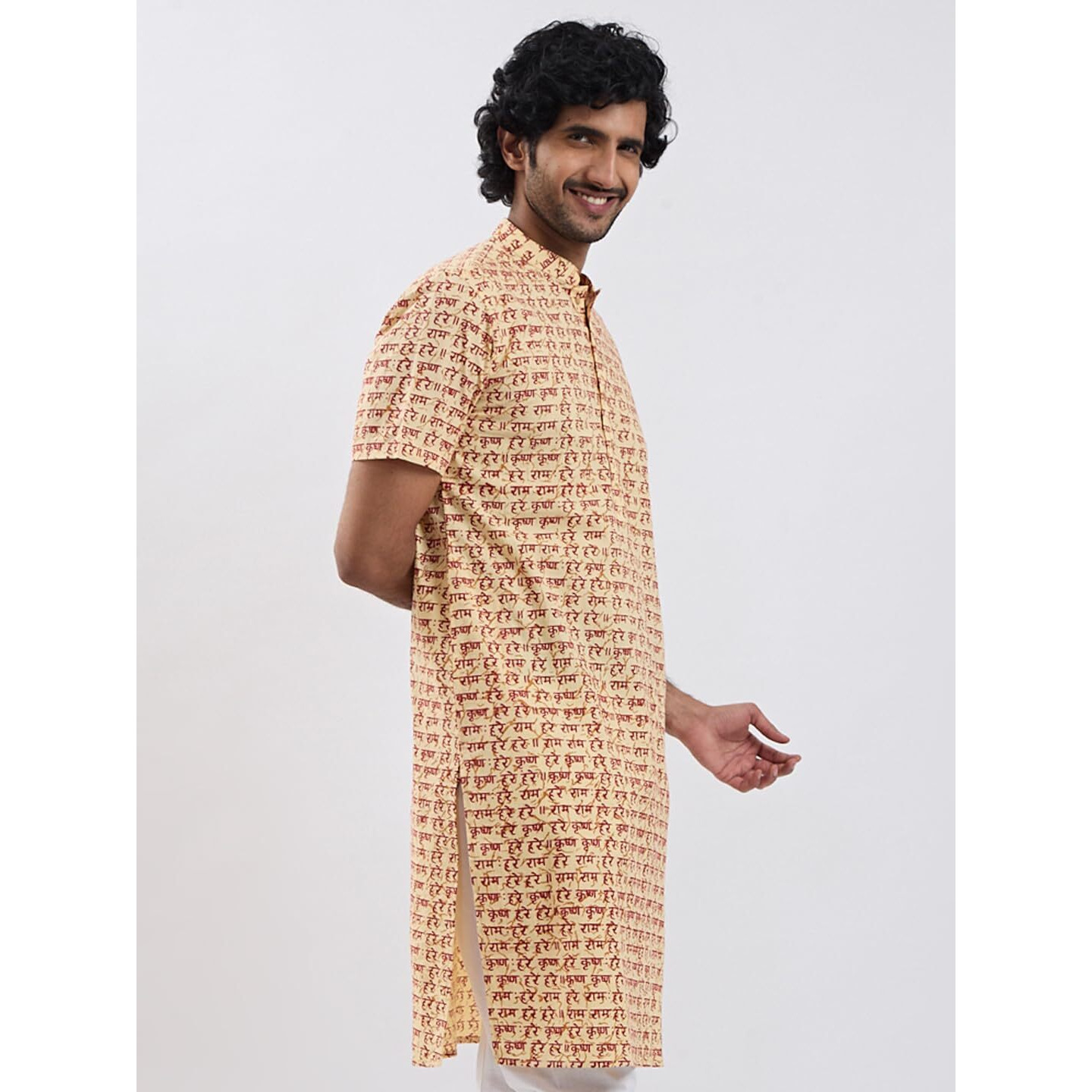 VASTRAMAY Mens Hare Krishna Hare Ram Short-Sleeve Kurta  Lightweight & Spiritual Ethnic Wear for Pujas, Festivals, and Shivratri Gold