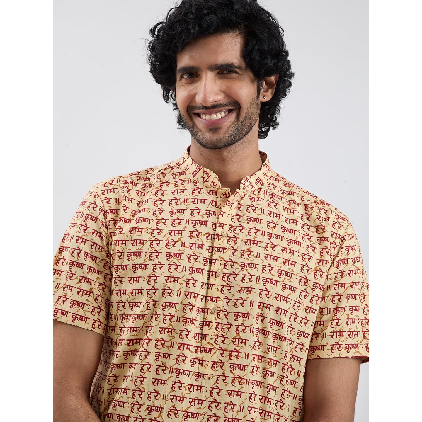 VASTRAMAY Mens Hare Krishna Hare Ram Short-Sleeve Kurta  Lightweight & Spiritual Ethnic Wear for Pujas, Festivals, and Shivratri Gold