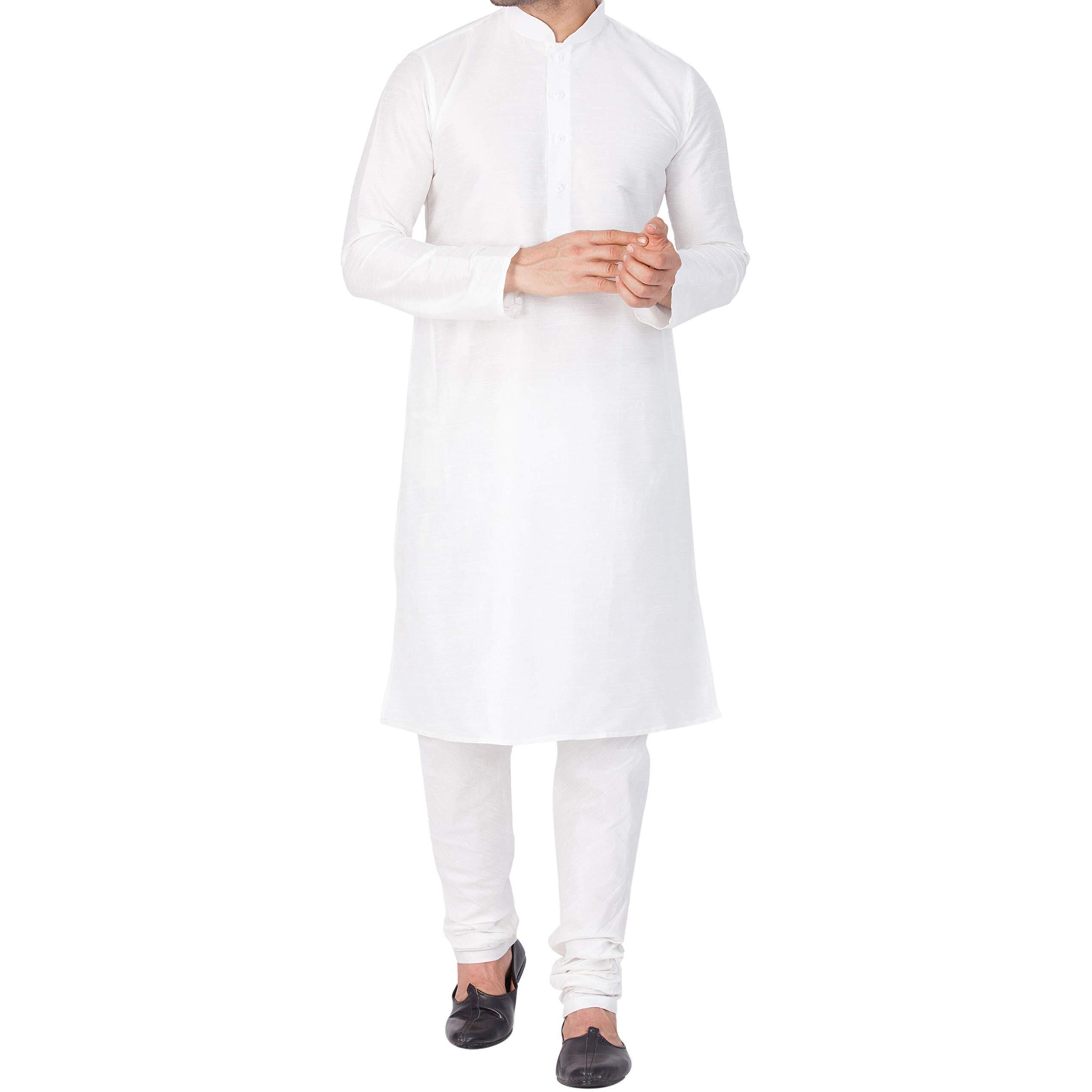 VASTRAMAY Men Cotton Silk Kurta and Pyjama Set (White_VASMKWH001nPDWH_40)