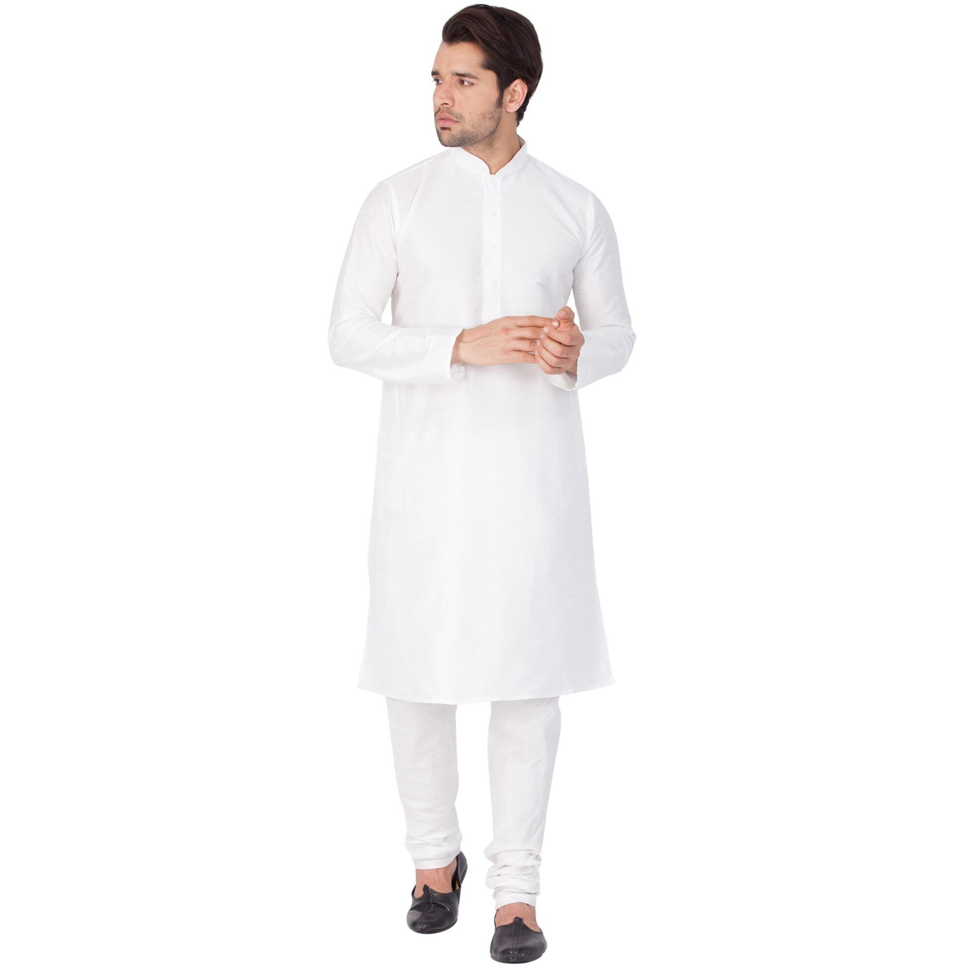 VASTRAMAY Men Cotton Silk Kurta and Pyjama Set (White_VASMKWH001nPDWH_40)
