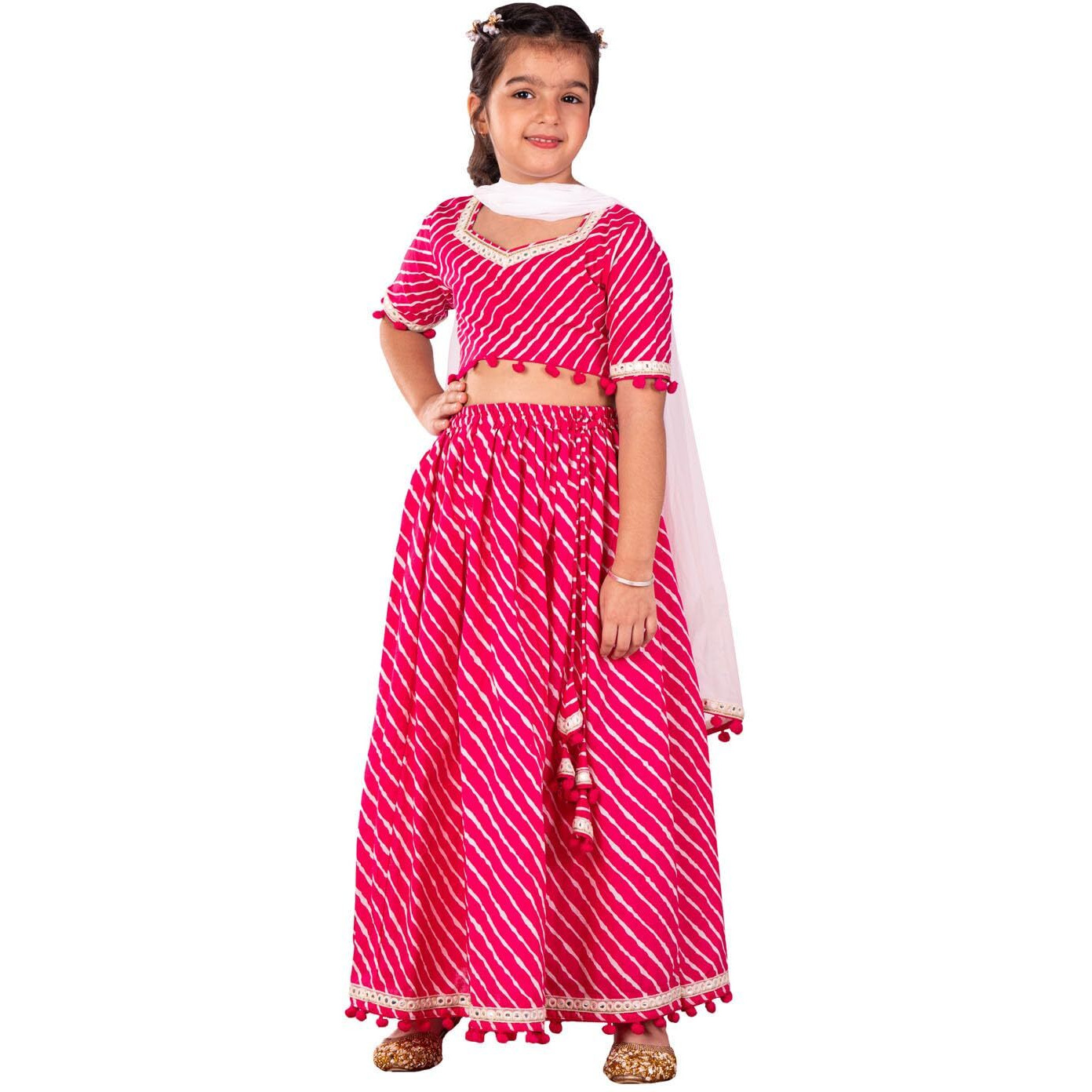 VASTRAMAY Girls' Cotton Pink Lehenga Set | Cotton Leheriya Printed Lehenga Set With Dupatta.