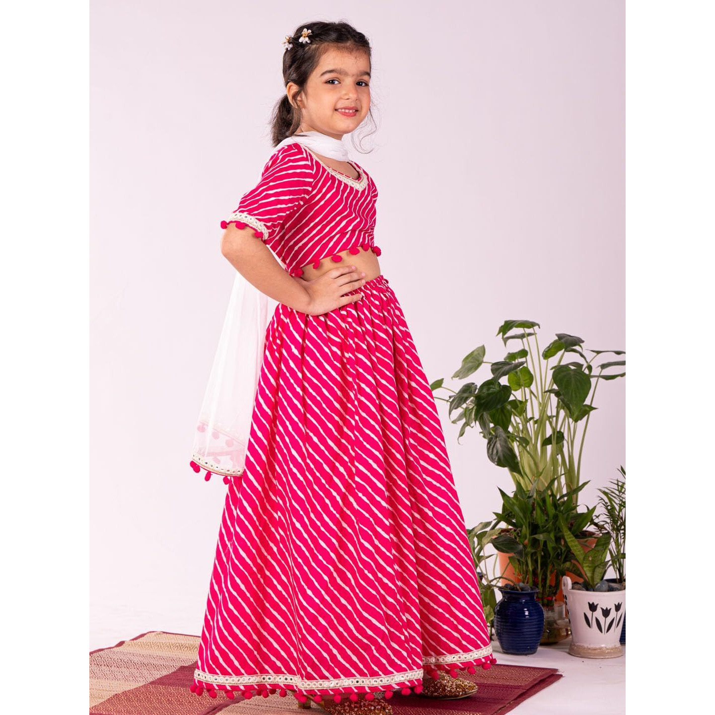 VASTRAMAY Girls' Cotton Pink Lehenga Set | Cotton Leheriya Printed Lehenga Set With Dupatta.