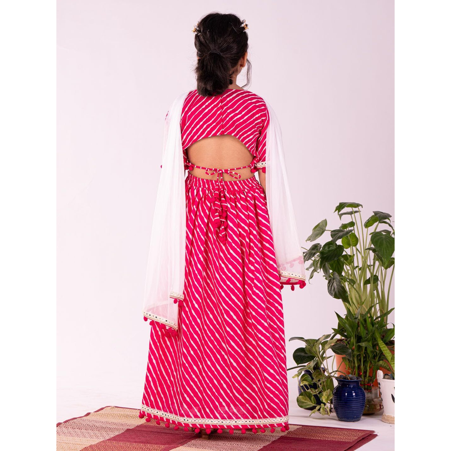 VASTRAMAY Girls' Cotton Pink Lehenga Set | Cotton Leheriya Printed Lehenga Set With Dupatta.