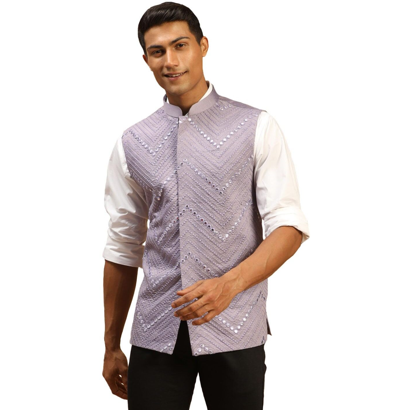 VASTRAMAY Men's Purple Mirror Work Nehru Jacket | Mirror Work Chevron Pattern Chic Jacket For Men