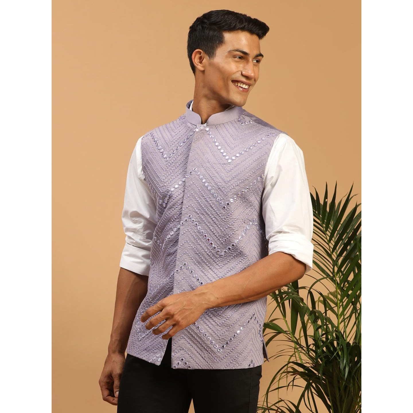 VASTRAMAY Men's Purple Mirror Work Nehru Jacket | Mirror Work Chevron Pattern Chic Jacket For Men