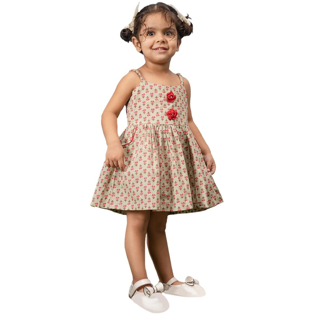 VASTRAMAY Girls' Cotton Sleeveless Flared Dress with Crochet Flower Buttons & Inseam Pocket Mint Green